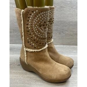 SoftWalk Women's 7.5 Brown Boot Leather Snow Faux Shearling‎ Lined Studded Wedge